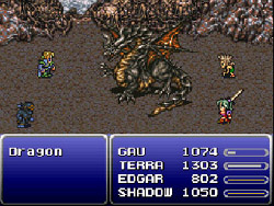 Final Fantasy 6: Edgard, Terra, Gau et  Shadow contre un dragon